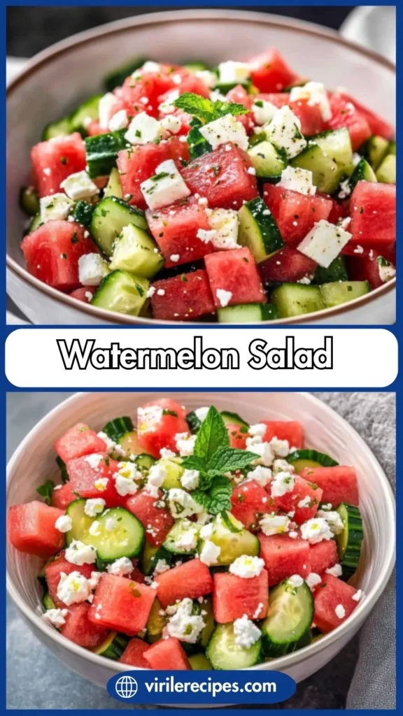 A close-up of a vibrant Watermelon Salad With Cucumber And Feta, showcasing watermelon cubes, cucumber slices, and crumbled feta, garnished with fresh mint.