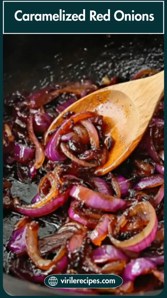 Close-up of Balsamic Red Onions being caramelized in a cast iron skillet, coated in a sweet glaze.