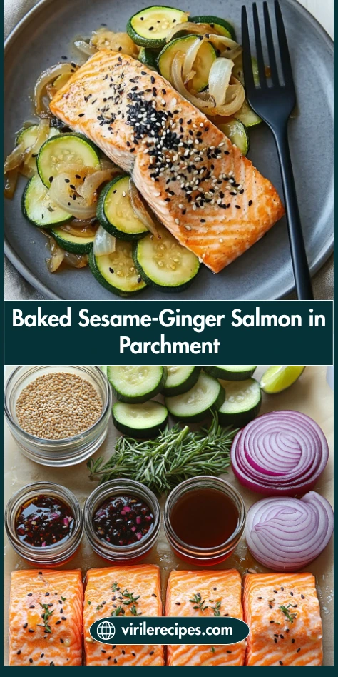 Baked sesame-ginger salmon fillet served over sautéed zucchini and onions, garnished with black and white sesame seeds on a grey plate.