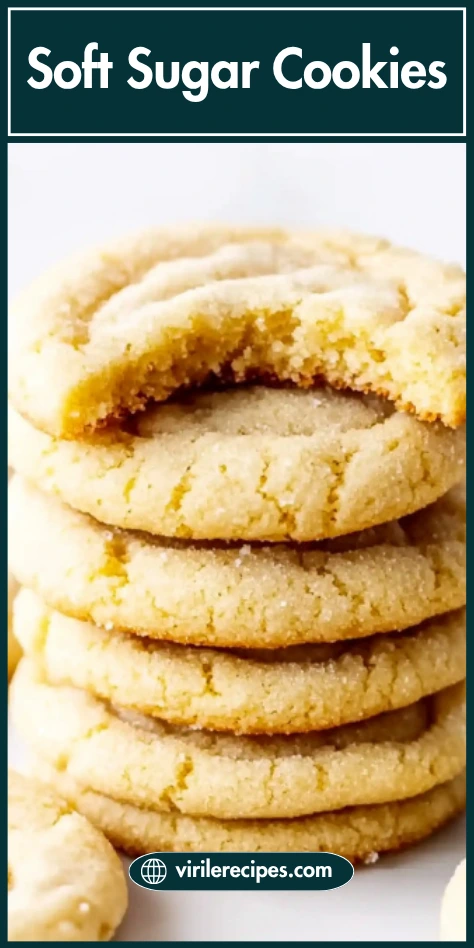 Stack of soft sugar cookies with a bite taken out of the top, labeled as Soft Sugar Cookies