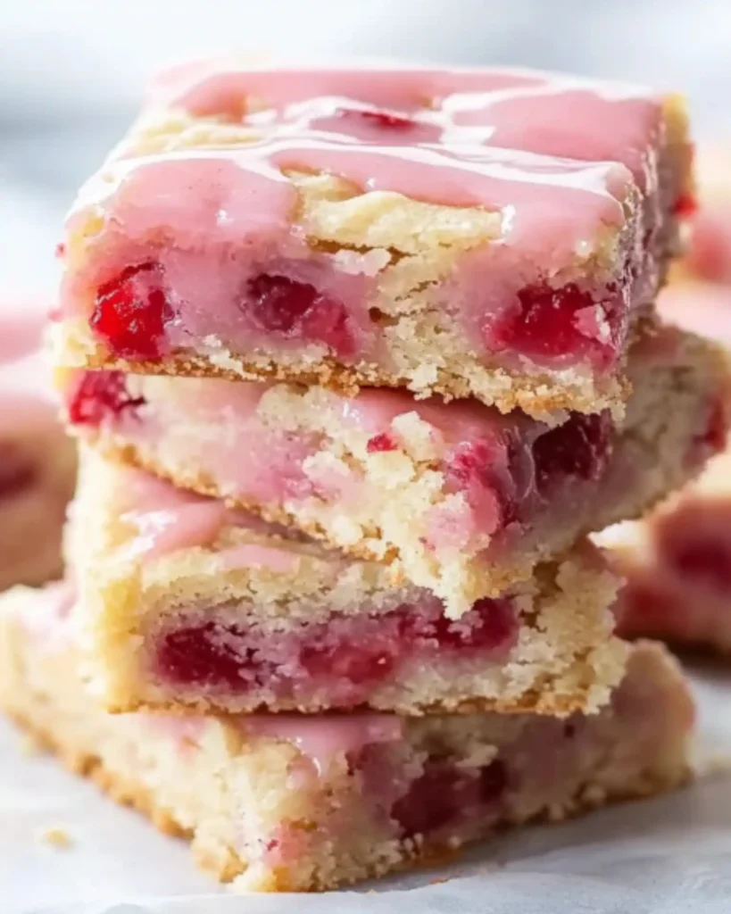 Stack of strawberry lemon blondies with pink glaze and visible strawberry chunks.