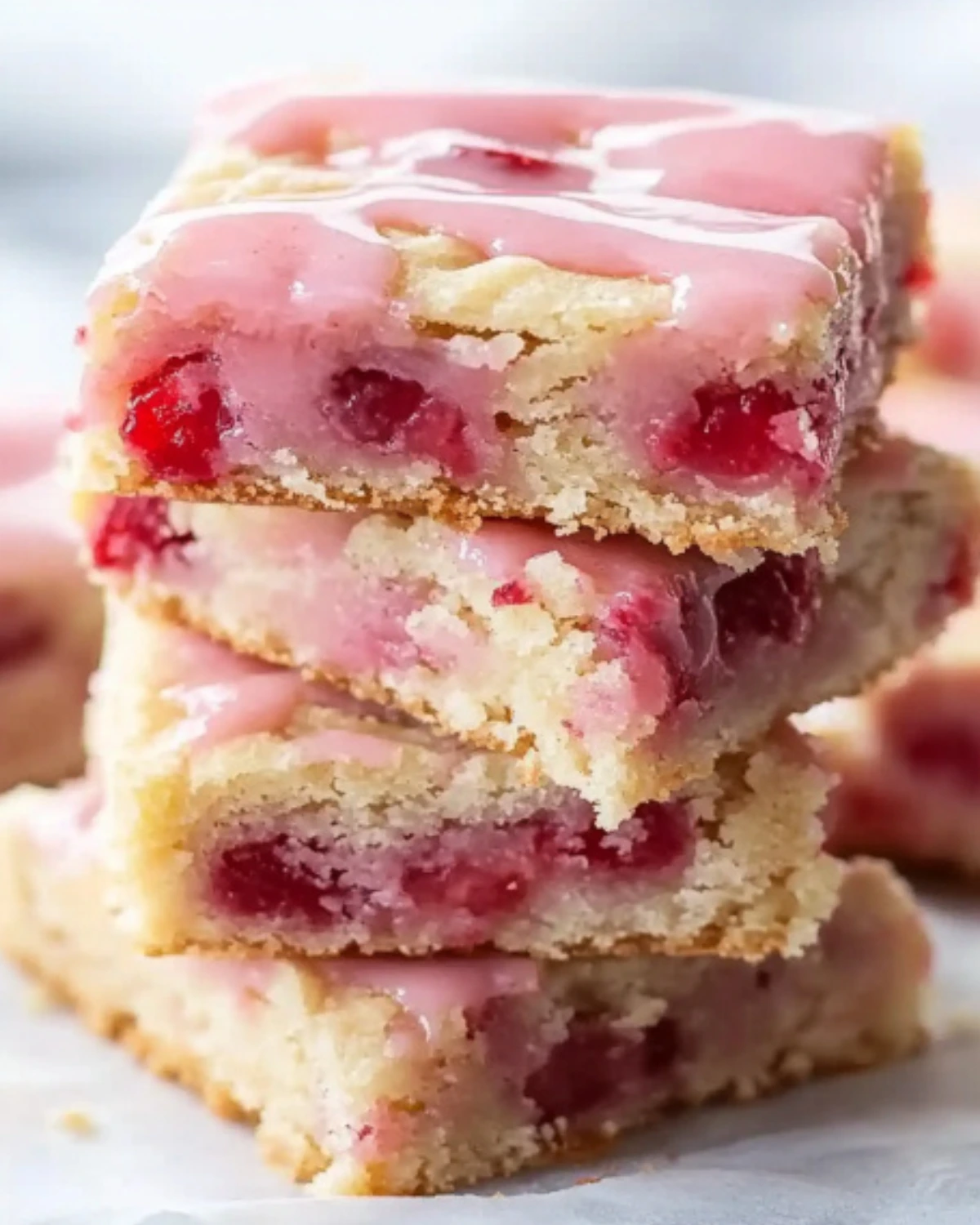 Stack of strawberry lemon blondies with pink glaze and visible strawberry chunks.