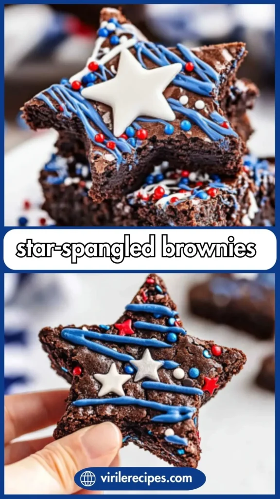 Close-up of star brownies decorated with patriotic sprinkles and candy drizzle, stacked beautifully on a plate, July 4th dessert idea.