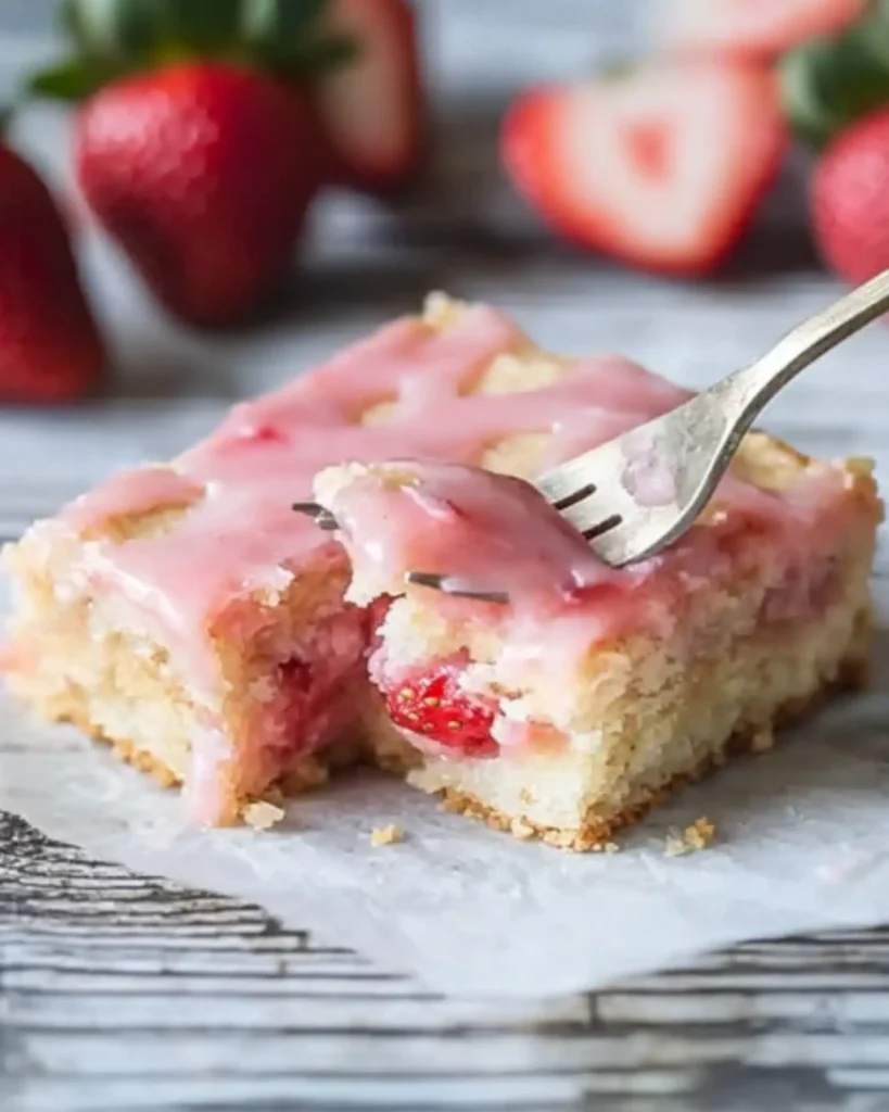 Close-up of a strawberry lemon blondie with pink glaze, being lifted by a fork on parchment paper.