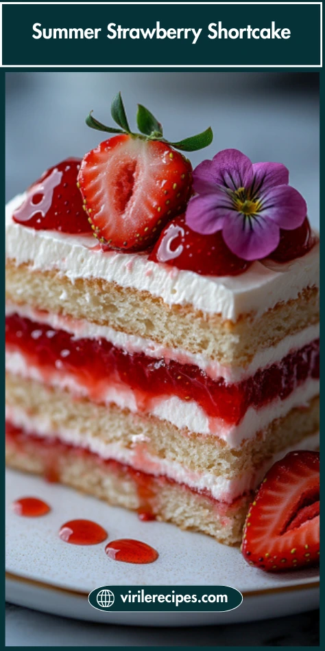 Close-up of a slice of strawberry shortcake cake with whipped cream, strawberry filling, and edible flower