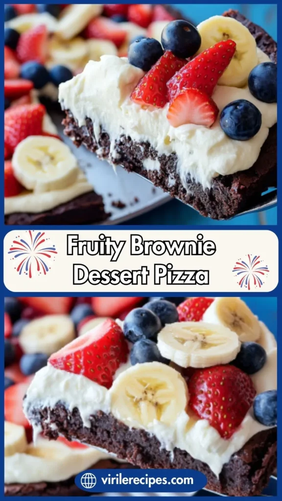 Colorful fruity brownie dessert pizza topped with cream cheese, strawberries, bananas, and blueberries, perfect for summer parties.
