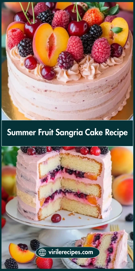 Fresh fruit sangria cake on stand with visible layers of sponge, cream, and berries