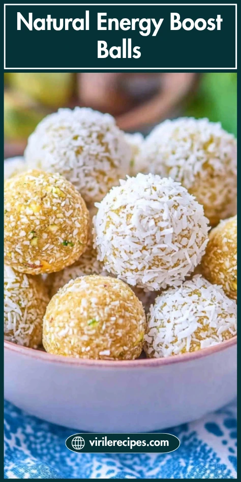 Bowl of lemon coconut energy balls rolled in shredded coconut, labeled as natural energy boost balls.