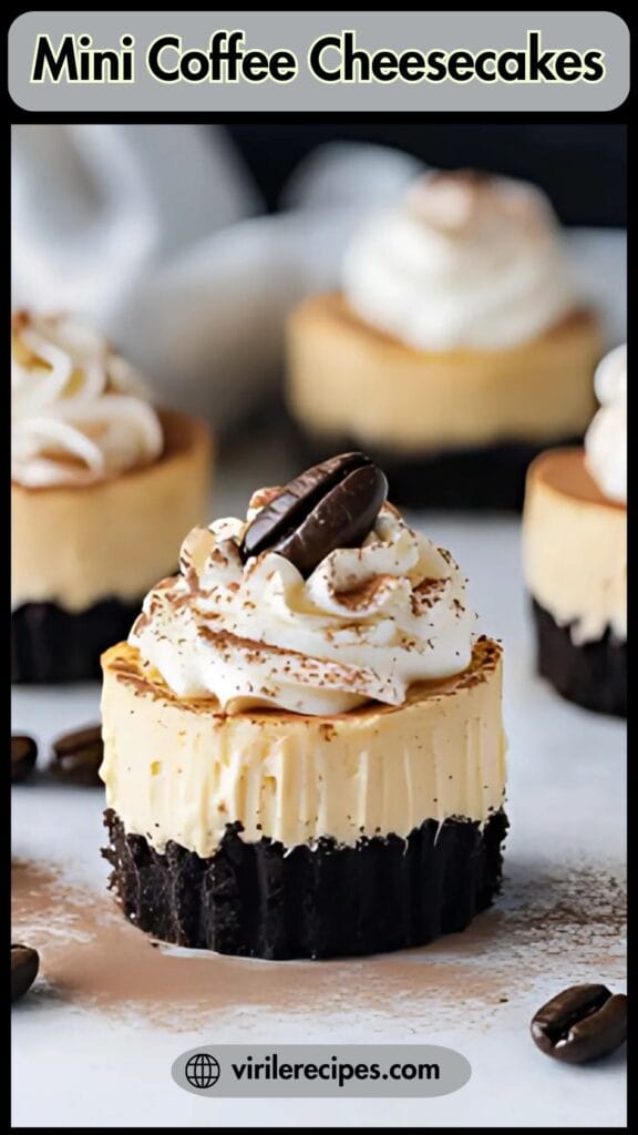 Close-up of mini coffee cheesecake topped with whipped cream, cocoa powder, and chocolate-covered espresso bean on Oreo crust