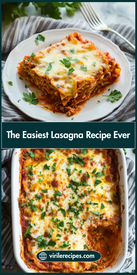 Easy lasagna recipe shown in plated and full-baking dish versions with text overlay