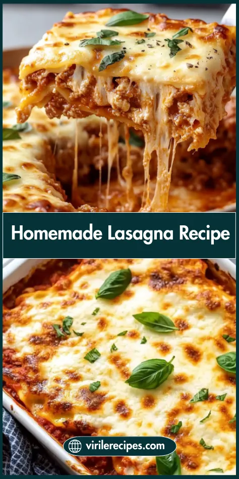 Collage of homemade lasagna photos showing bubbly golden cheese and fresh basil in a baking dish, with text overlay “Homemade Lasagna Recipe.”