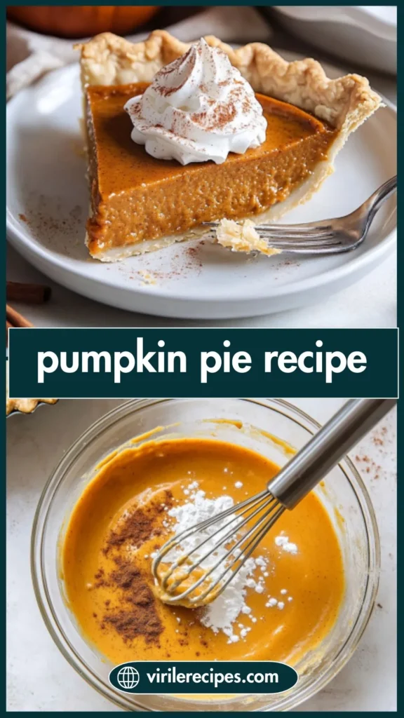 Two-photo collage Pinterest pin featuring a slice of pumpkin pie and a bowl of whisked filling with spices.