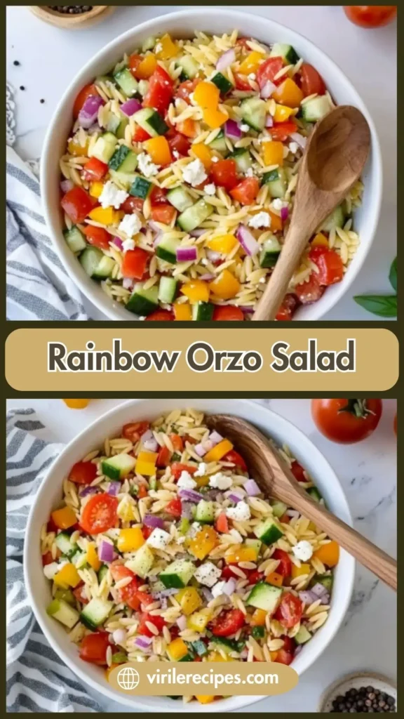 Overhead photo of a two-image collage showing colorful Orzo Salad Skewers and fresh vegetable-packed pasta bowls.
