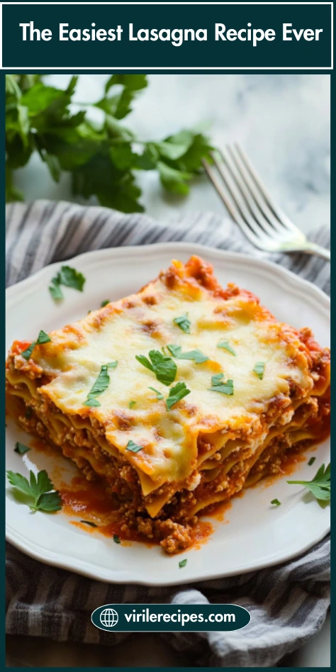 Slice of the easiest homemade lasagna served on a white plate with melted cheese and parsley