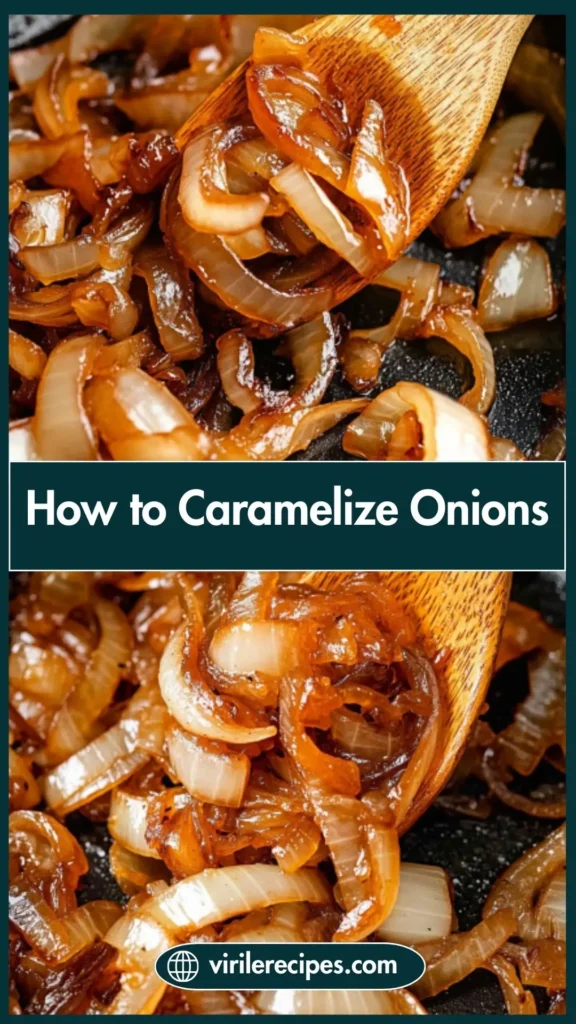 Close-up of golden caramelized onions cooked in a skillet with a wooden spoon, perfect for vegetarian recipes or holiday sides.