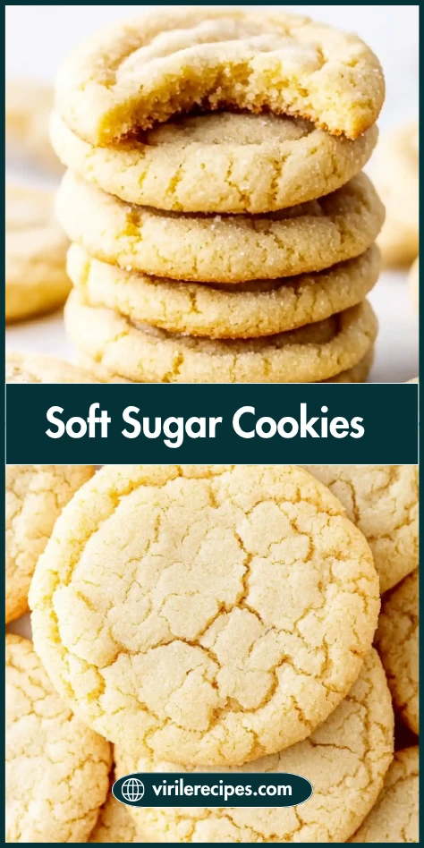 Bite-marked sugar cookie stack and overhead view of soft sugar cookies with cracked tops, labeled Soft Sugar Cookies