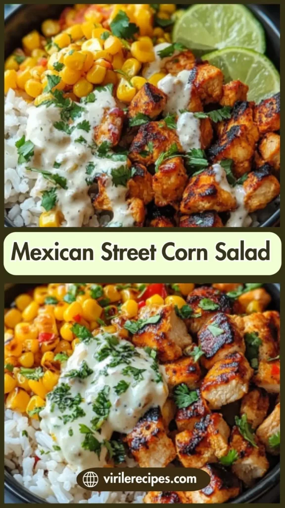 Two image collage of Mexican street corn chicken bowls with lime and creamy sauce