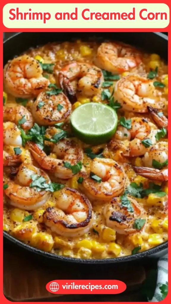 Overhead view of shrimp in creamy corn sauce with lime slices and herbs in a black cast iron skillet