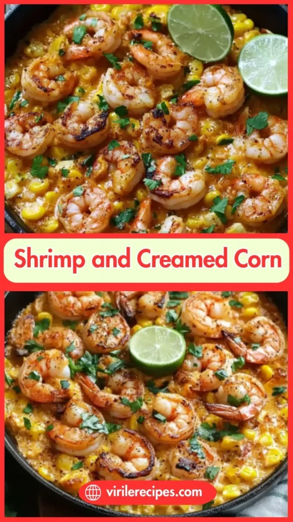 Skillet filled with creamy corn and seasoned shrimp topped with fresh lime and cilantro