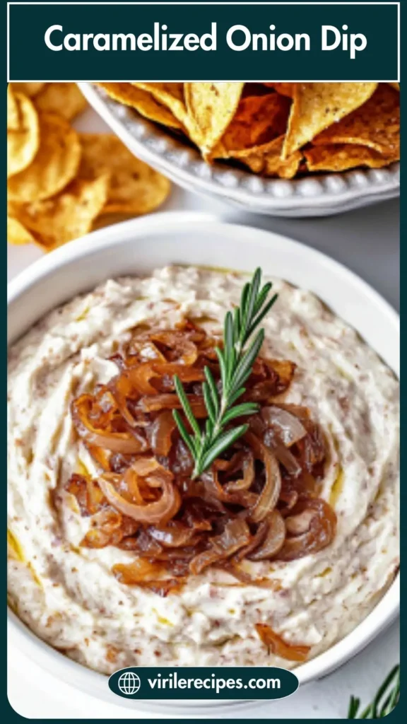 Stylized Pinterest graphic for Dip Recipes Easy, featuring a bowl of homemade caramelized onion dip with fresh rosemary.