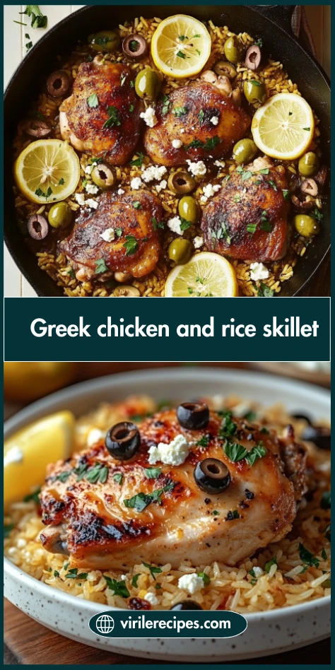 Overhead skillet of Greek chicken and rice with lemons and olives, plus single serving in a bowl, with Greek chicken and rice skillet label