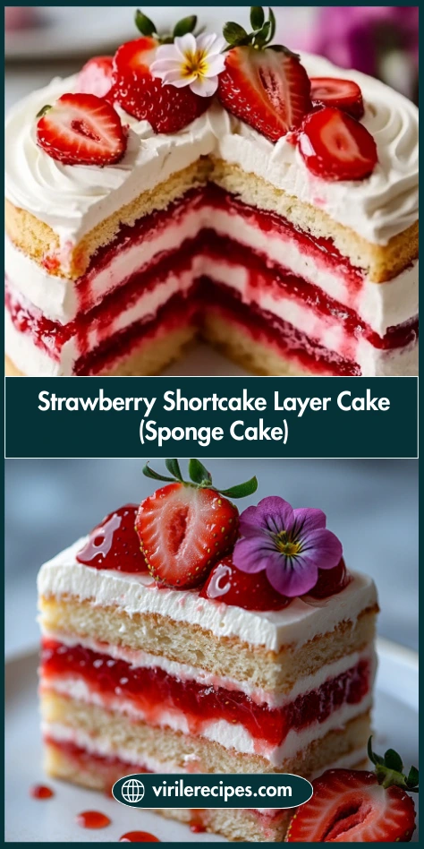 Summer strawberry shortcake slice on a plate with whipped cream, strawberry sauce, and flower garnish