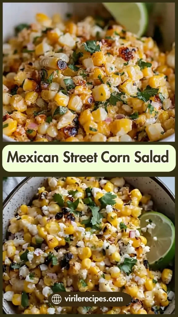 Close-up of Mexican Street Corn Salad with charred corn, cilantro, and lime wedge
