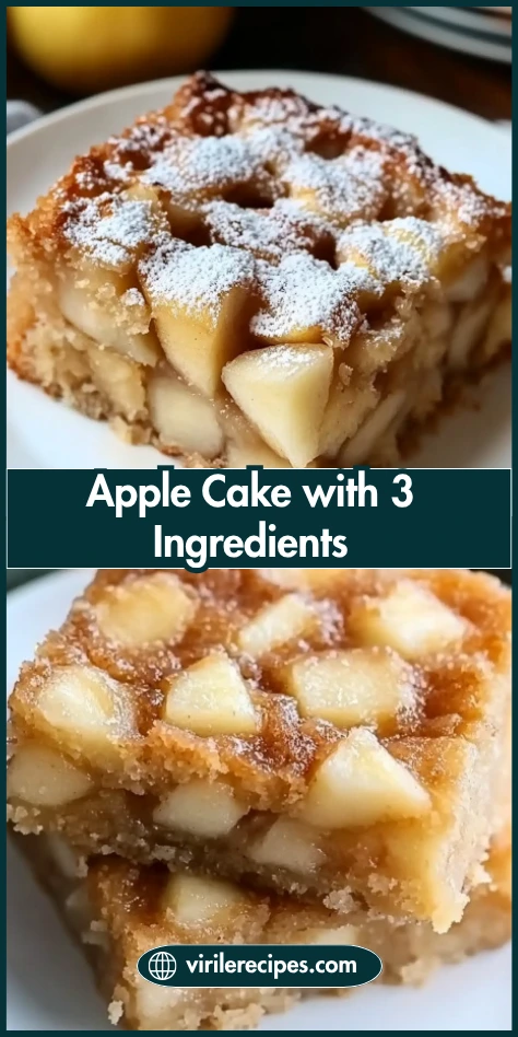 Moist apple cake made with 3 ingredients, shown in stacked and powdered versions