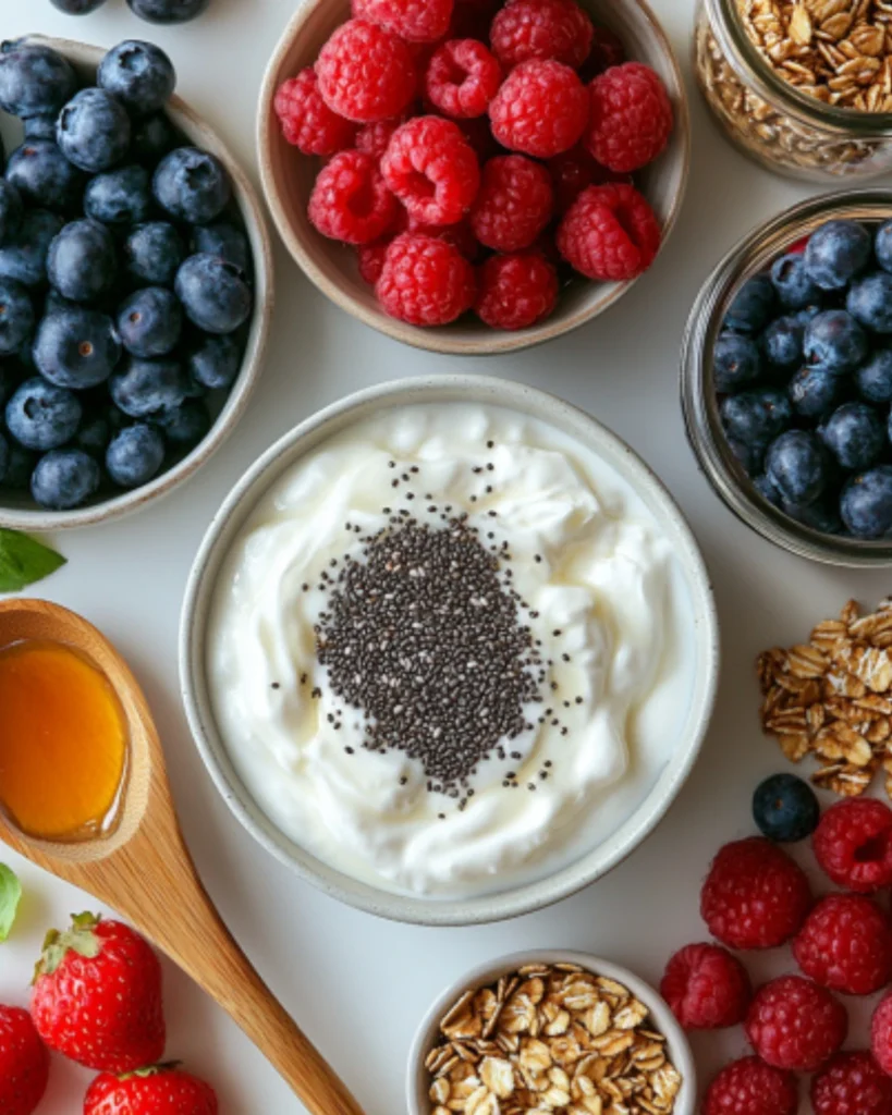 Chia seed pudding parfait layered with Greek yogurt and topped with fresh raspberries in a glass jar.