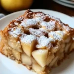Close-up of a moist apple cake slice topped with powdered sugar and tender apple chunks