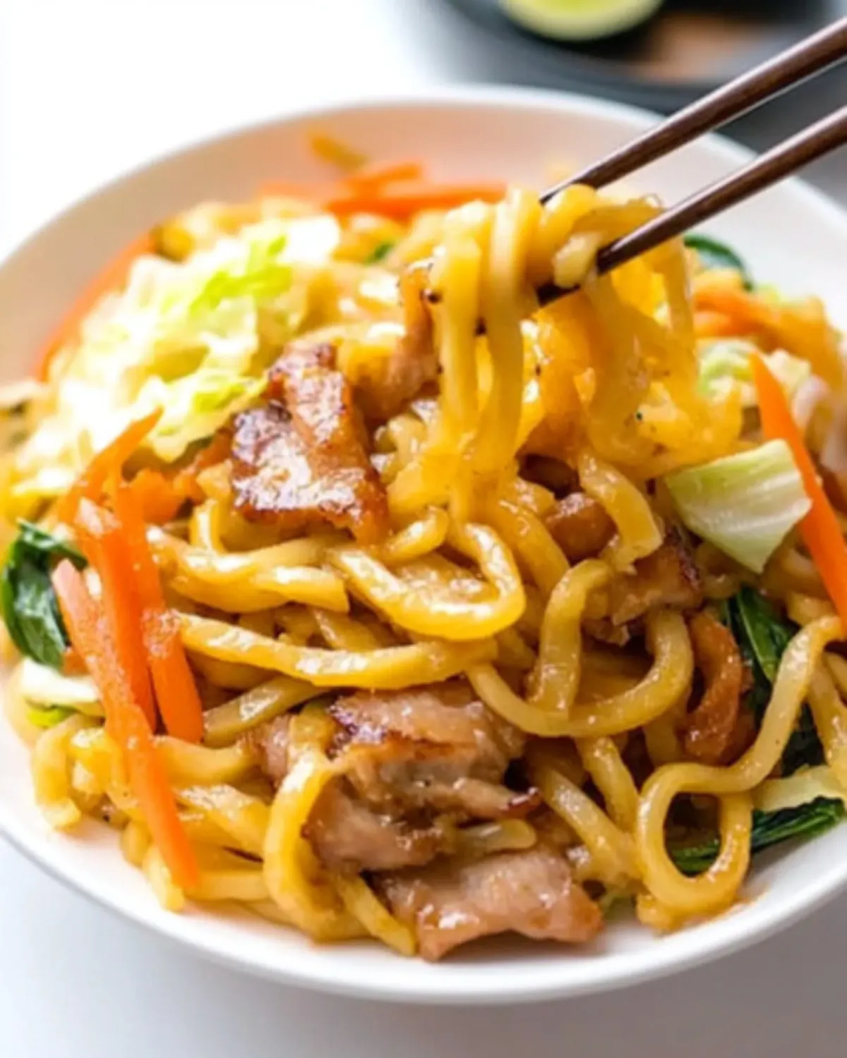 Chopsticks lifting stir-fried Yaki Udon noodles with pork and vegetables from a white bowl