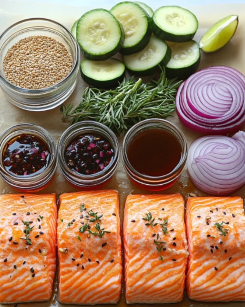Fresh salmon fillets with black sesame seeds and rosemary, surrounded by sliced zucchini, red onion, sesame seeds, soy-based sauces, and lime on a parchment-lined surface.