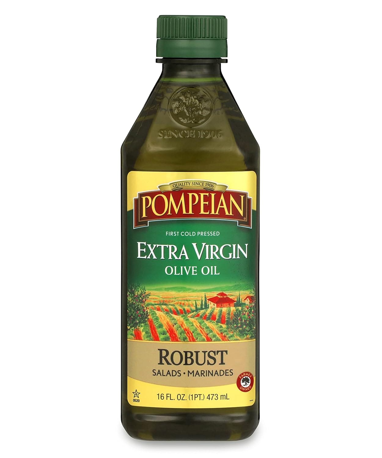 Bottle of Pompeian Extra Virgin Olive Oil Robust, 16 fl oz, ideal for salads and marinades
