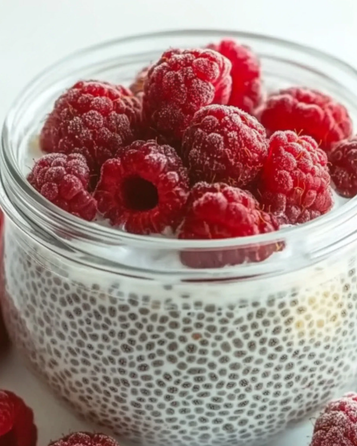 Fresh berries, Greek yogurt, chia seeds, honey, and granola arranged as parfait ingredients on a white surface.