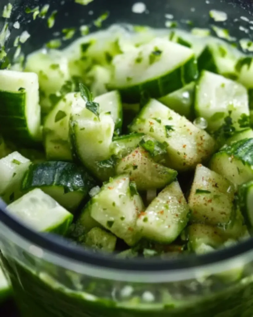 Close-up of chopped cucumber with herbs and spices inside a blender for detox juice