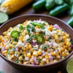 Mexican Street Corn Salad in a rustic bowl with grilled corn, jalapeno, cilantro, and lime, perfect for fiesta corn salad recipes.