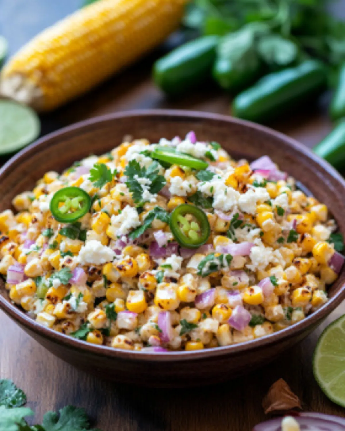 Mexican Street Corn Salad in a rustic bowl with grilled corn, jalapeno, cilantro, and lime, perfect for fiesta corn salad recipes.