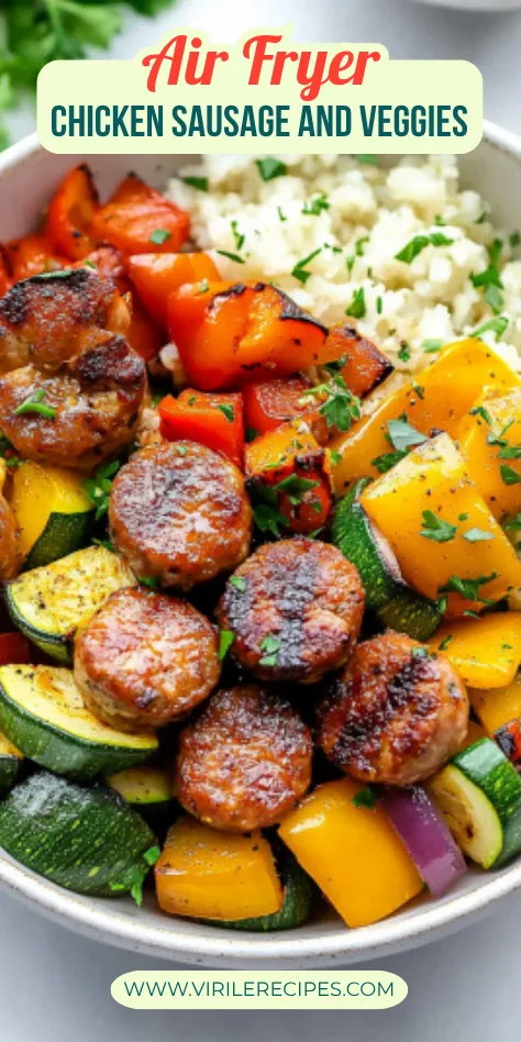 Two bowls of crispy air fryer chicken sausage and mixed vegetables served with cauliflower rice – a quick and healthy meal prep idea.