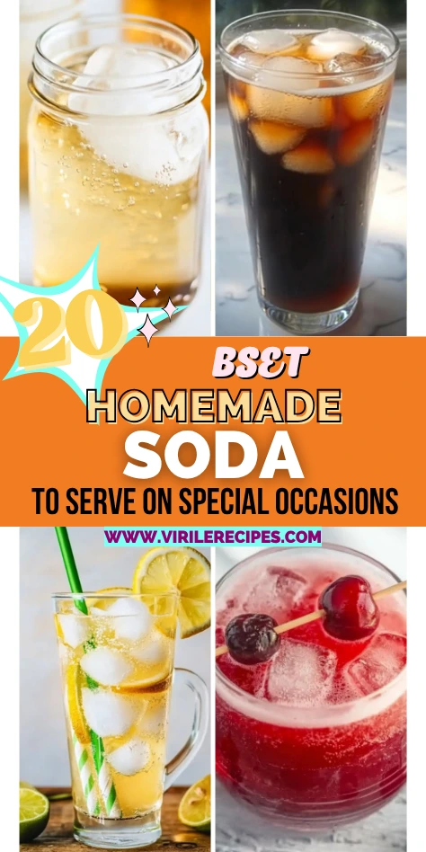 Collage of homemade soda drinks featuring cream soda, natural cola, lemon lime soda, and cherry soda for special occasions