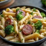 Overhead shot of creamy kielbasa broccoli pasta in a cast iron skillet with cheddar cheese sauce