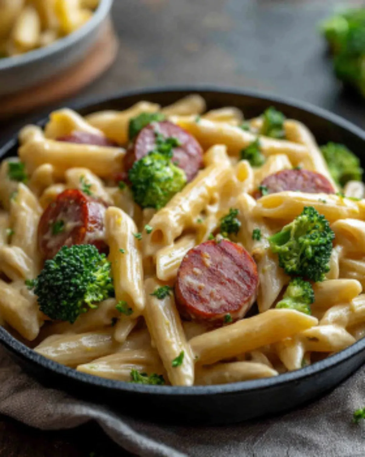 Overhead shot of creamy kielbasa broccoli pasta in a cast iron skillet with cheddar cheese sauce