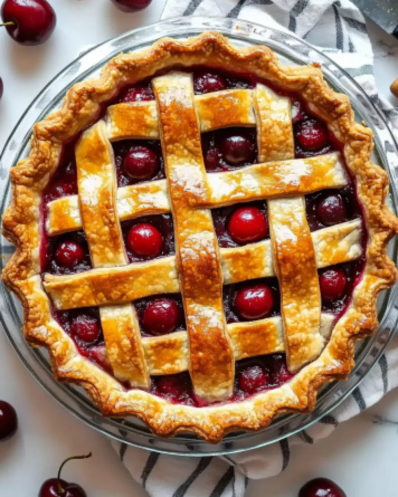 Whole cherry pie with golden lattice crust on striped towel and marble background

