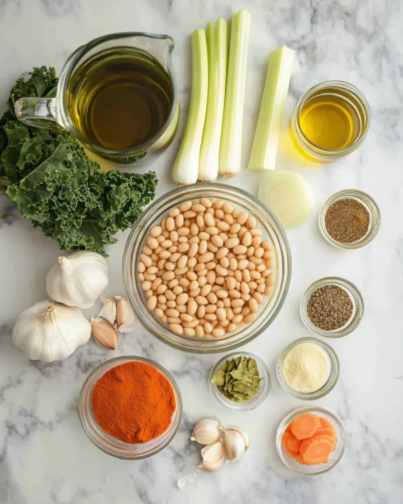 Flat lay of fresh ingredients for Tuscan white bean soup including kale, carrots, celery, cannellini beans, and herbs

