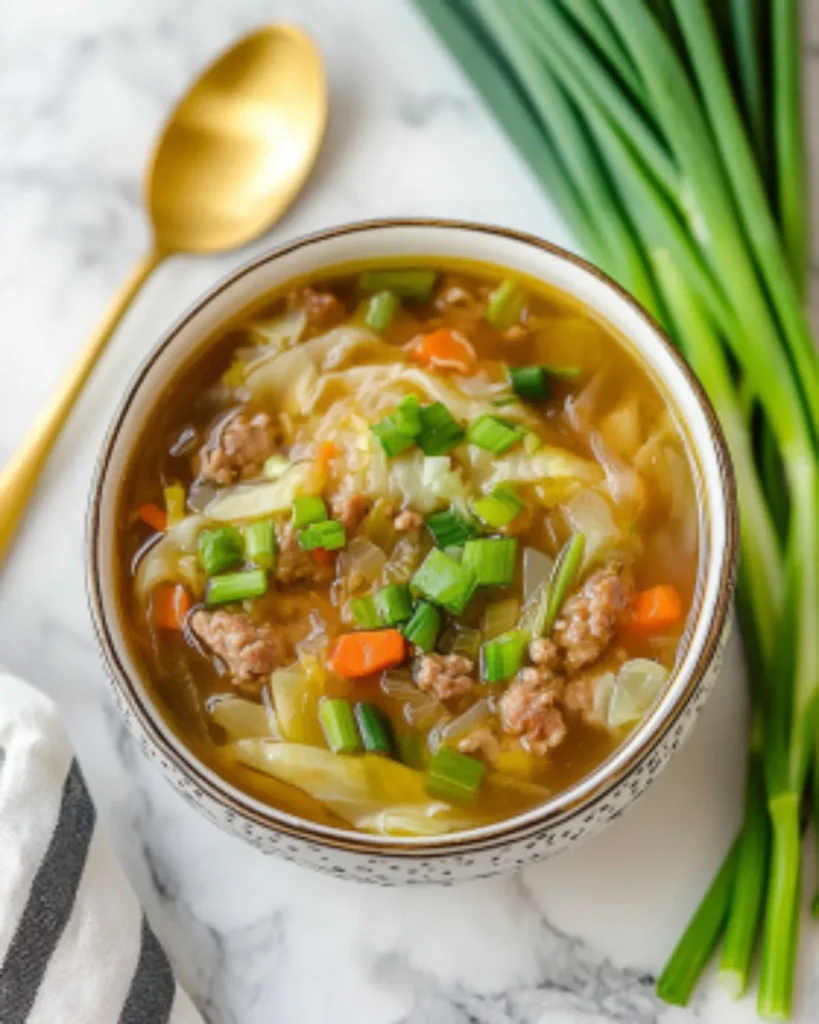 Top-down view of a bowl of egg roll soup with cabbage, ground pork, and green onions on a marble surface with gold spoon and fresh scallions

