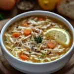 A bowl of Greek lemon chicken soup with shredded chicken, orzo, lemon slices, and fresh dill in a creamy broth