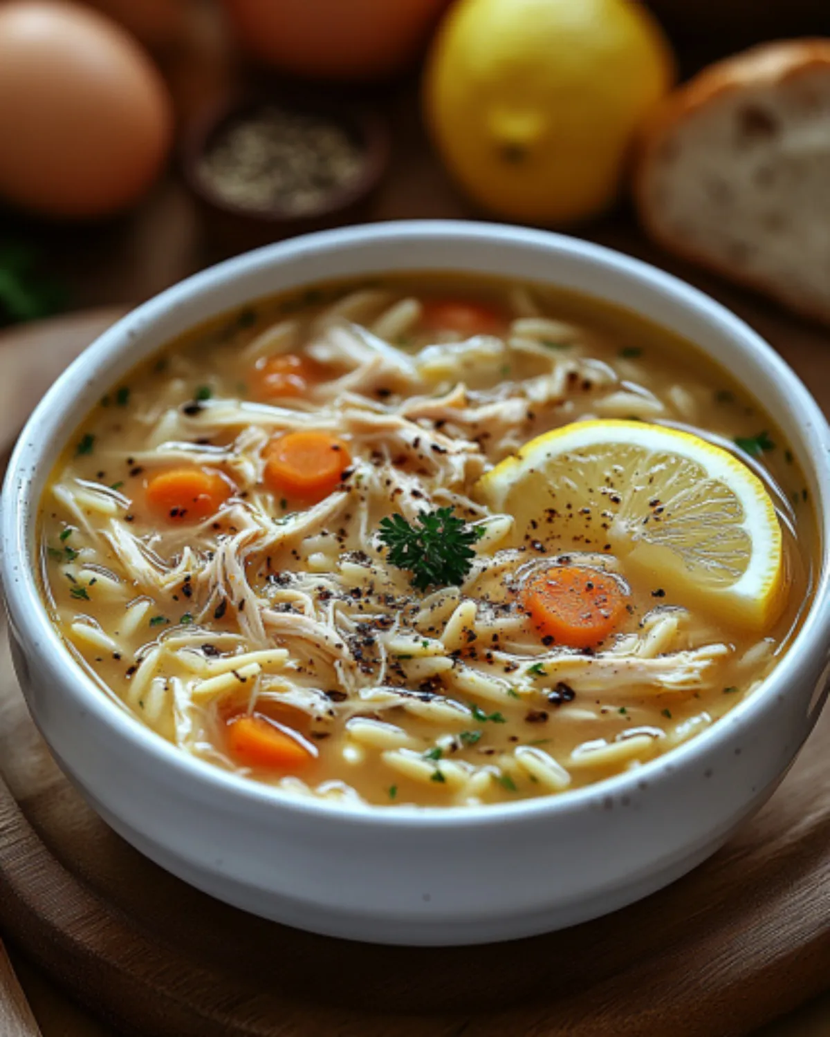 A bowl of Greek lemon chicken soup with shredded chicken, orzo, lemon slices, and fresh dill in a creamy broth