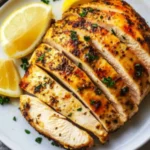 Sliced air fryer chicken breast with golden crust, lemon wedges, and herbs on a white plate
