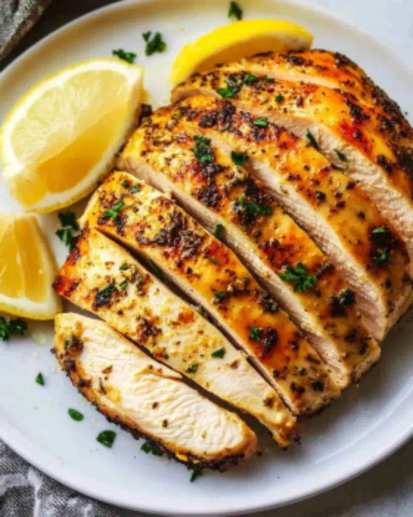 Sliced air fryer chicken breast with golden crust, lemon wedges, and herbs on a white plate