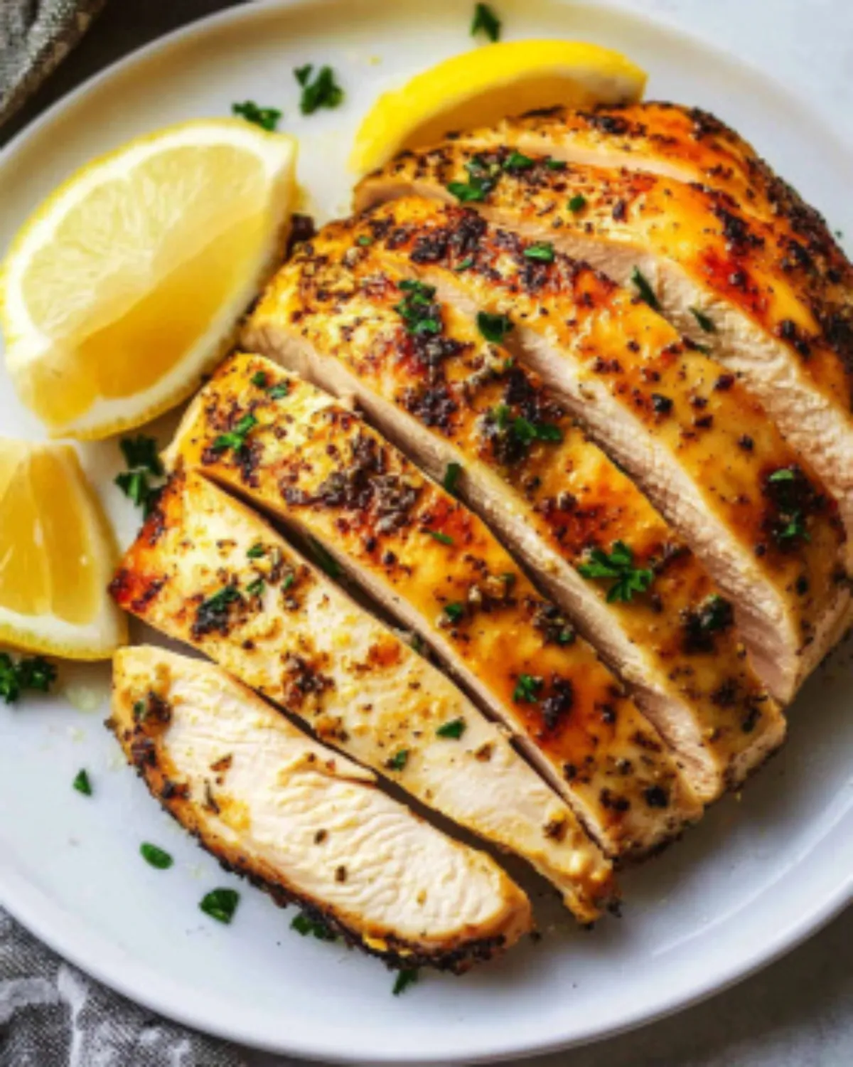 Sliced air fryer chicken breast with golden crust, lemon wedges, and herbs on a white plate
