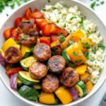Colorful bowl of air fryer chicken sausage and veggies with cauliflower rice and fresh parsley